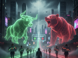 A giant neon wireframe bull and bear facing each other over a futuristic city street with a trader standing at a crossroad of Long vs Short paths.