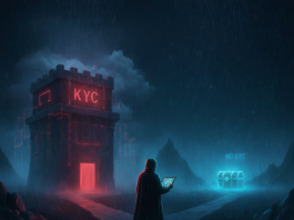 A trader at a crossroads choosing between a dark KYC fortress and a glowing No KYC treasure chest, representing privacy on crypto exchanges.