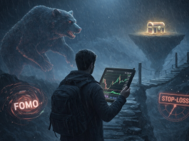 A trader stands on a narrow mountain path facing a giant neon bear and bull, representing the risks and mistakes of leverage trading.